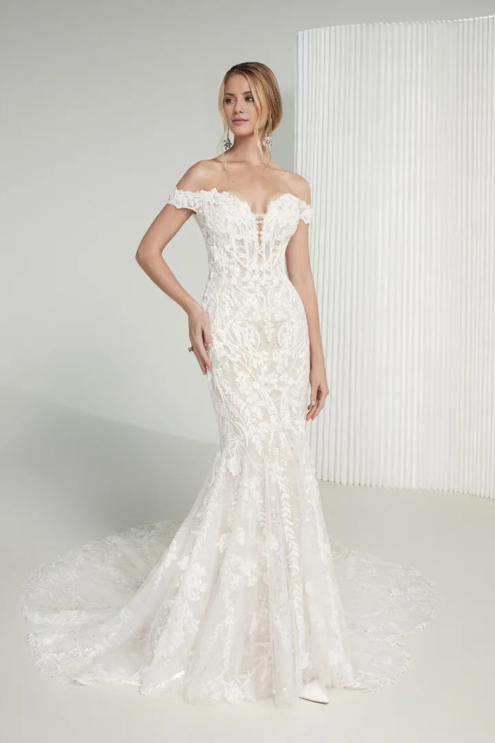 Beaded and Sequined Off-the-Shoulder Gown with Petal Train Wedding Dresses
