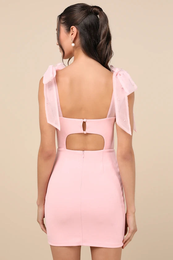 Beaming Perfection Pearl Organza Tie-Strap Mini Dress Homecoming Dresses