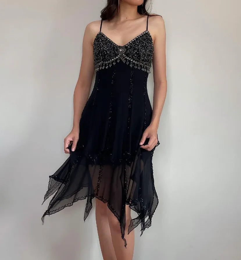 Black Beaded Asymmetrical Chiffon Mini Dress – V-Neck Spaghetti Strap Cocktail Gown