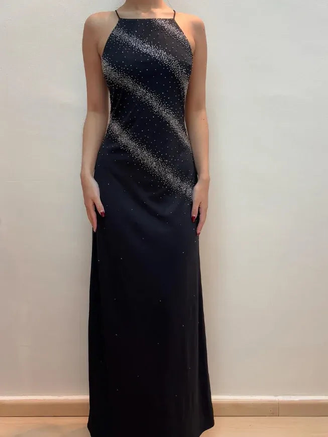 Black Beaded Halter Neck Maxi Gown – Sparkle Stripe Formal Evening Prom Dress