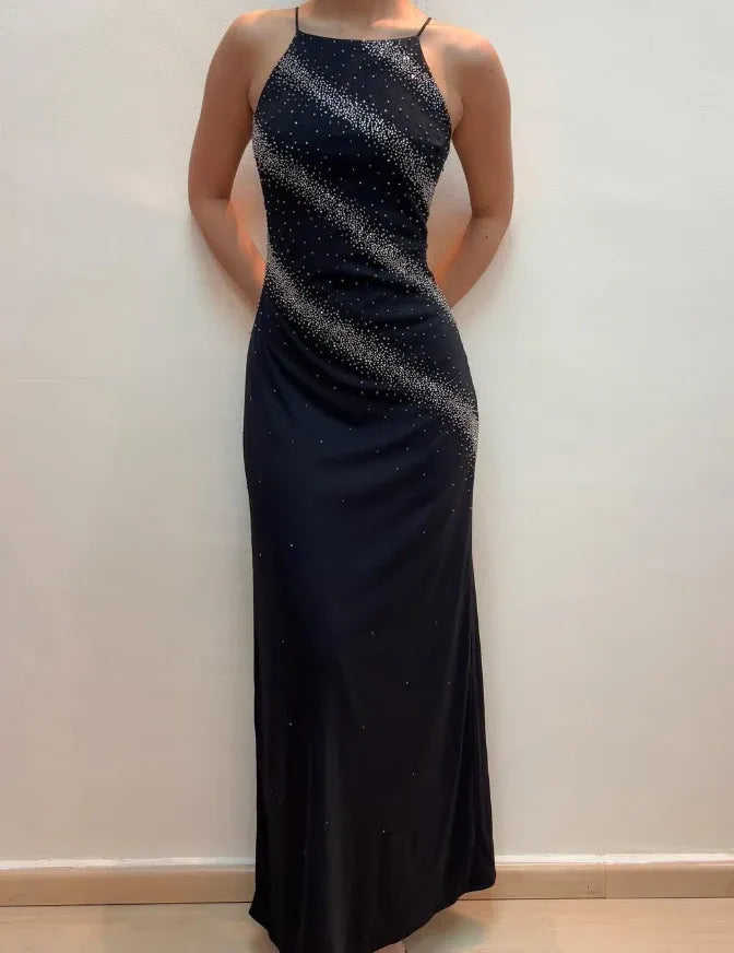 Black Beaded Halter Neck Maxi Gown – Sparkle Stripe Formal Evening Prom Dress