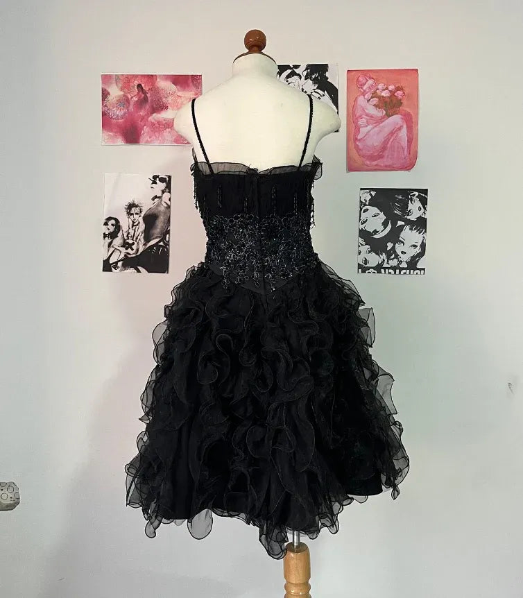 Black Beaded Lace Spaghetti Strap Ruffled Tulle Party Dress