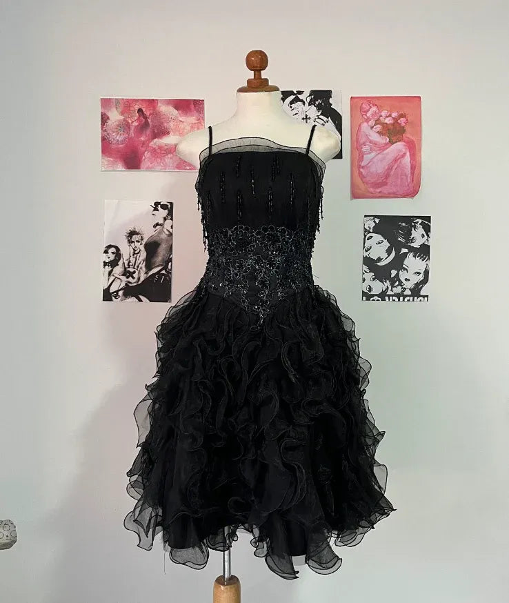 Black Beaded Lace Spaghetti Strap Ruffled Tulle Party Dress