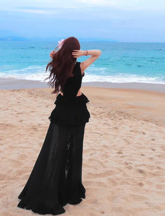 Black Chiffon Ruffled Cut-Out Maxi Gown with Slit