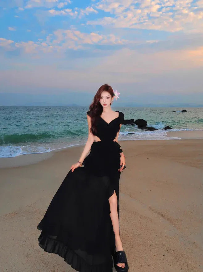 Black Chiffon Ruffled Cut-Out Maxi Gown with Slit