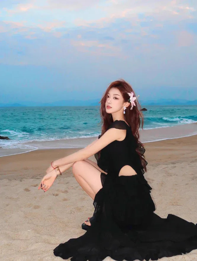 Black Chiffon Ruffled Cut-Out Maxi Gown with Slit
