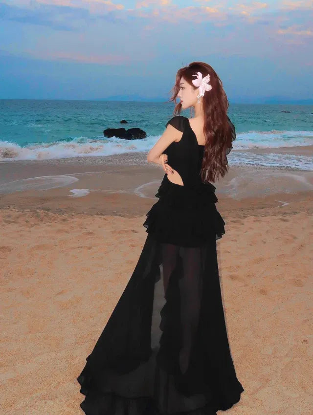 Black Chiffon Ruffled Cut-Out Maxi Gown with Slit