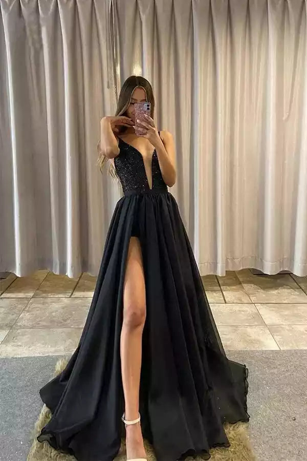 Black Chiffon Sequin Bodice Crisscross Back Slit A-Line Gown – Sleek & Glamorous Evening Party Dress
