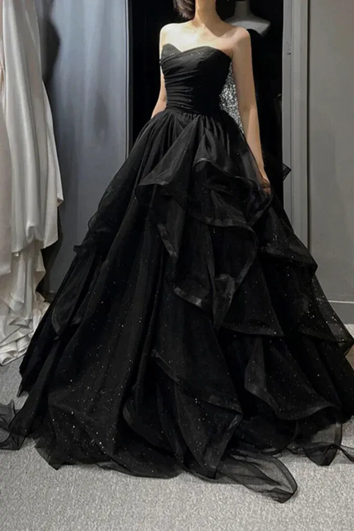 Black Glitter Tulle Strapless Ball Gown – Sweetheart Ruffled Formal Prom Dress