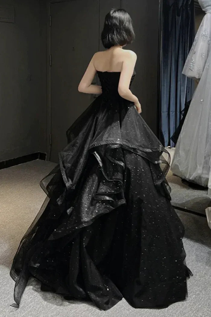 Black Glitter Tulle Strapless Ball Gown – Sweetheart Ruffled Formal Prom Dress