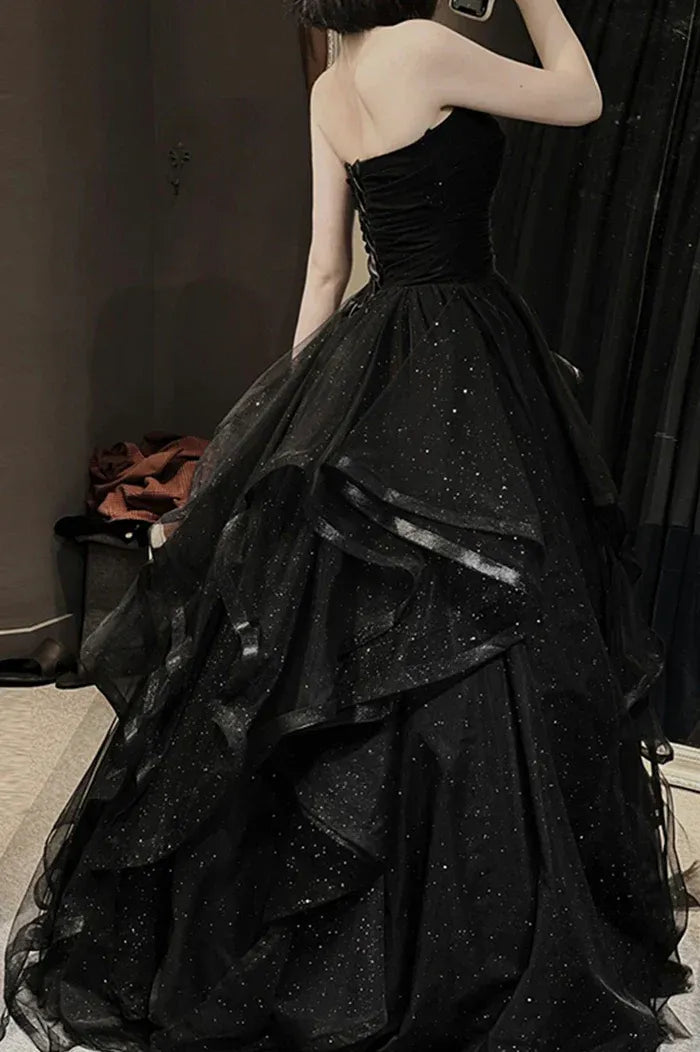 Black Glitter Tulle Strapless Ball Gown – Sweetheart Ruffled Formal Prom Dress