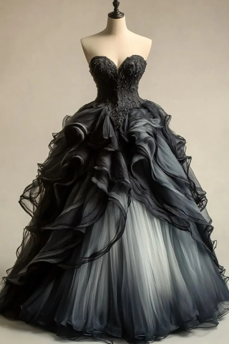 Black Gradient Tulle Strapless Beaded Lace A-Line Ball Gown
