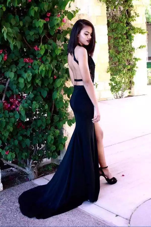 Black Halter-Neck Lace Cut-Out Mermaid Train Gown – Edgy & Glamorous Evening Party Dress