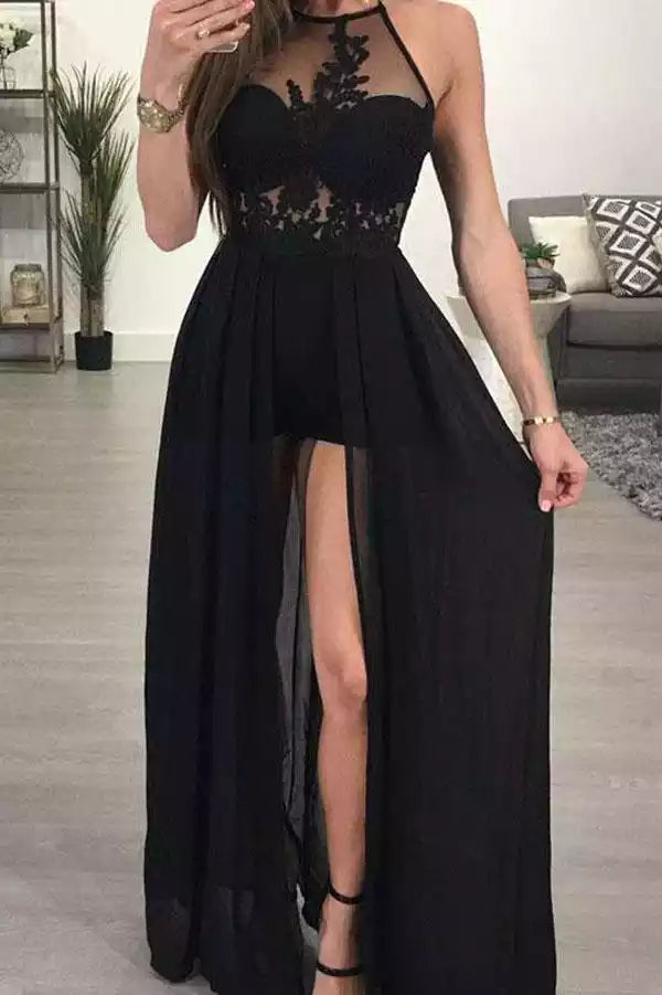 Black Halter-Neck Lace Cut-Out Sheer Maxi Gown – Edgy & Elegant Evening Party Dress