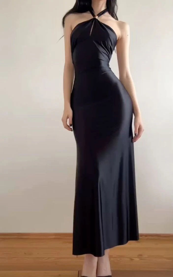Black Halter Backless Ruched Mermaid Maxi Dress