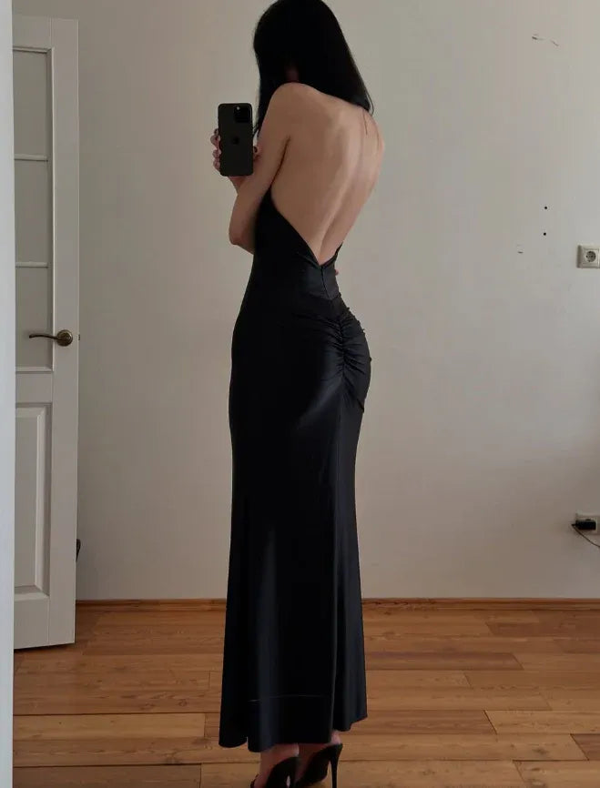 Black Halter Backless Ruched Mermaid Maxi Dress