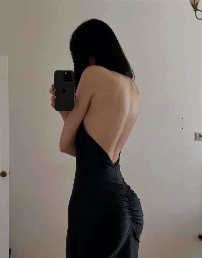 Black Halter Backless Ruched Mermaid Maxi Dress