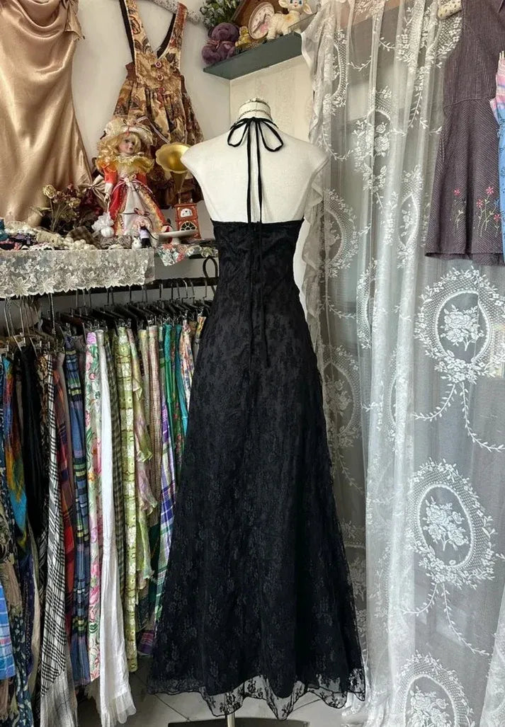 Black Lace Halter Ruffled Maxi Dress – Gothic Vintage Formal Evening Gown