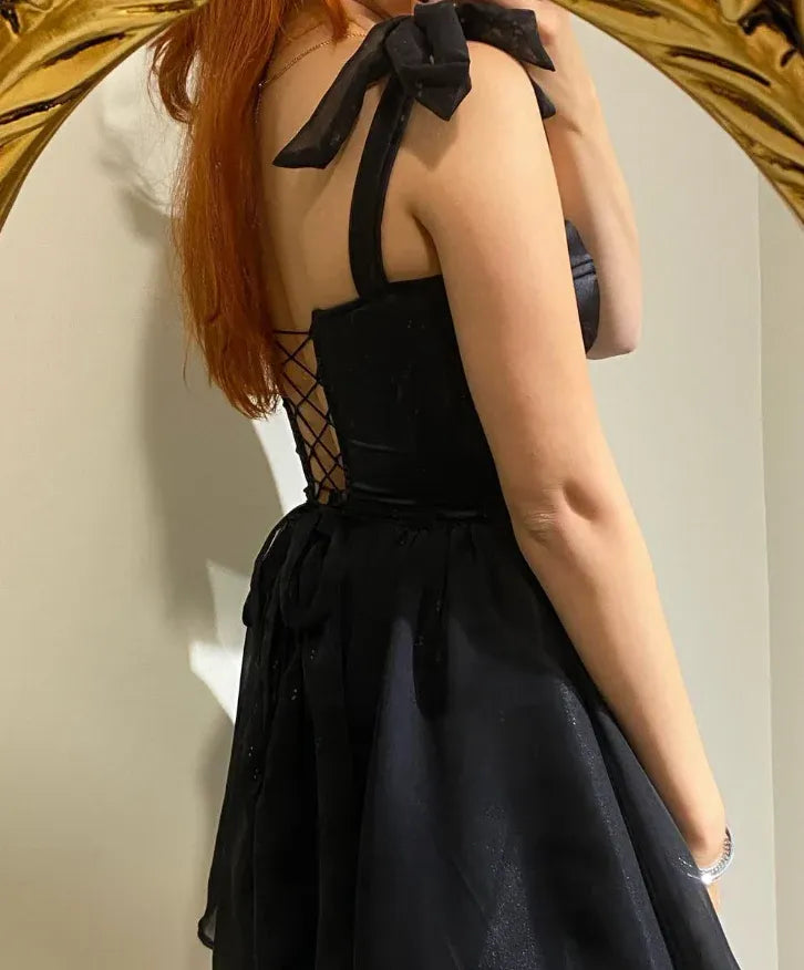 Black Off-the-Shoulder Corset Tulle Mini Dress with Bow Details