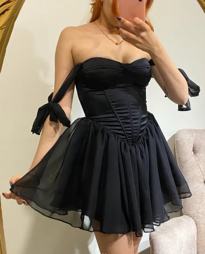 Black Off-the-Shoulder Corset Tulle Mini Dress with Bow Details