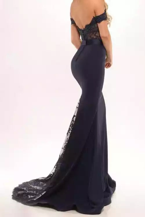 Black Off-the-Shoulder Lace & Satin Mermaid Train Gown – Elegant & Sophisticated Evening Party Dress