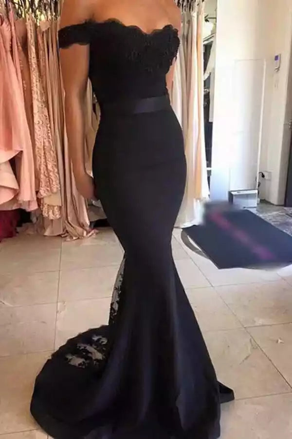 Black Off-the-Shoulder Lace & Satin Mermaid Train Gown – Elegant & Sophisticated Evening Party Dress