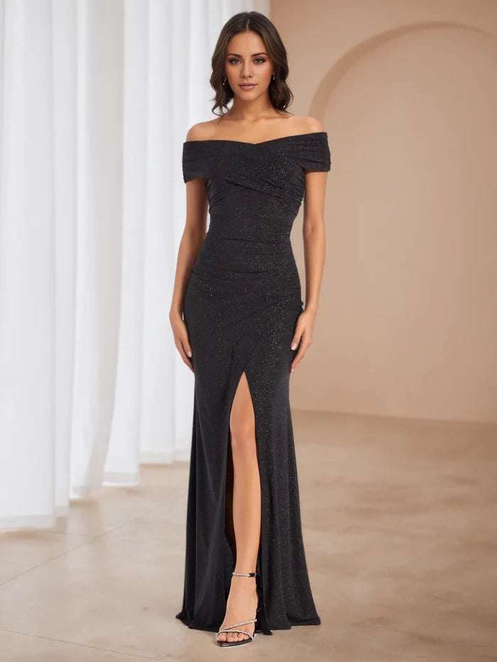 Black Off The Shoulder Glitter Split Prom Dresses