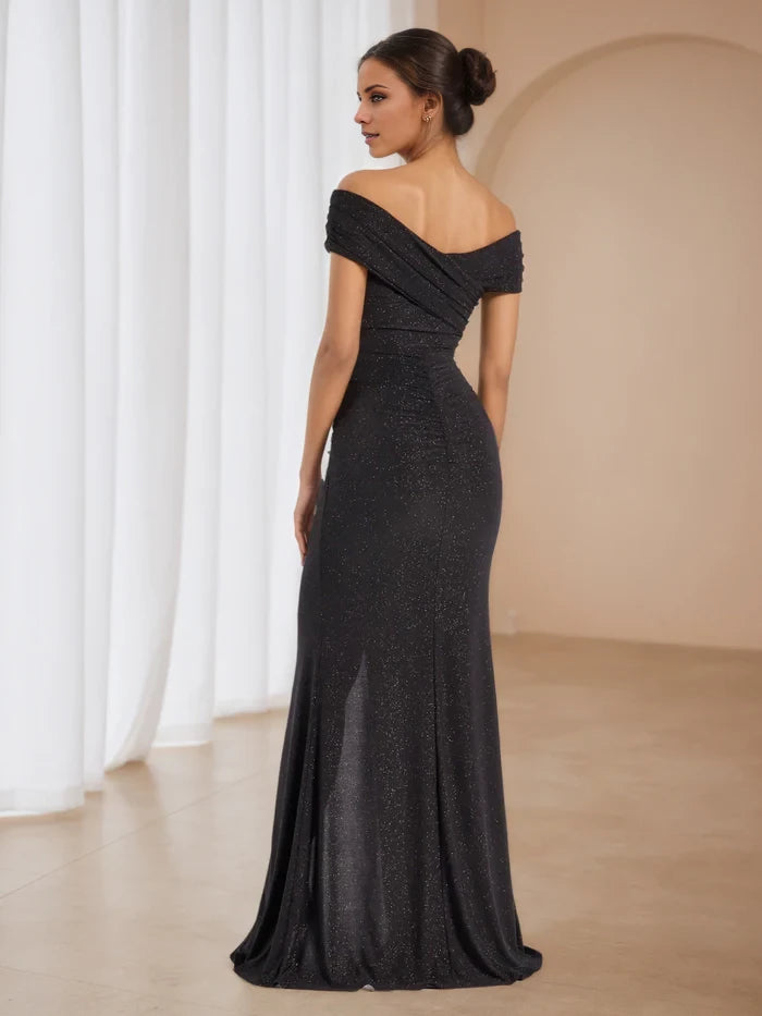 Black Off The Shoulder Glitter Split Prom Dresses