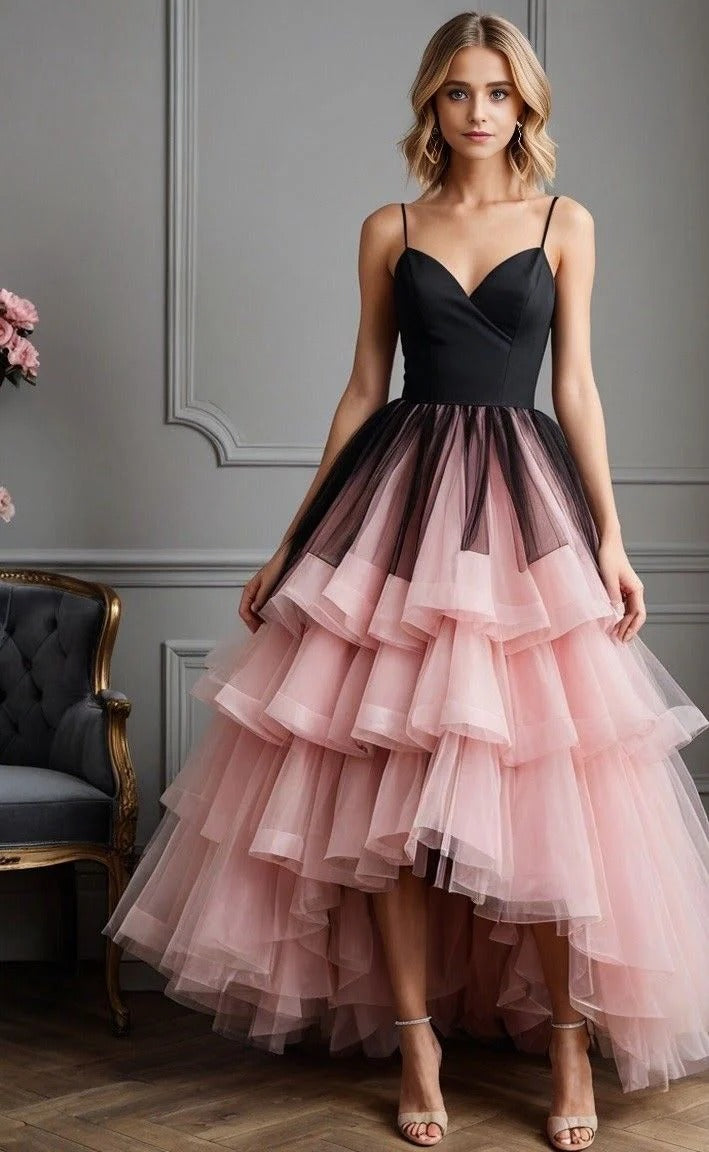 Black Pink Spaghetti Strap Ruffle Tulle High-Low Gown – Prom Evening Party Dress