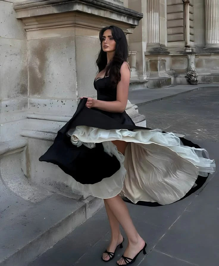 Black Satin Contrast Trim Midi Dress with Tulle Petticoat