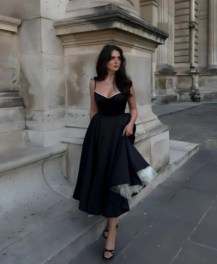 Black Satin Contrast Trim Midi Dress with Tulle Petticoat