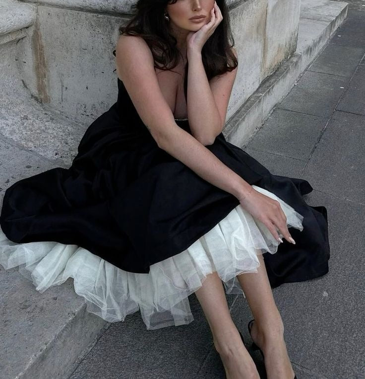 Black Satin Contrast Trim Midi Dress with Tulle Petticoat