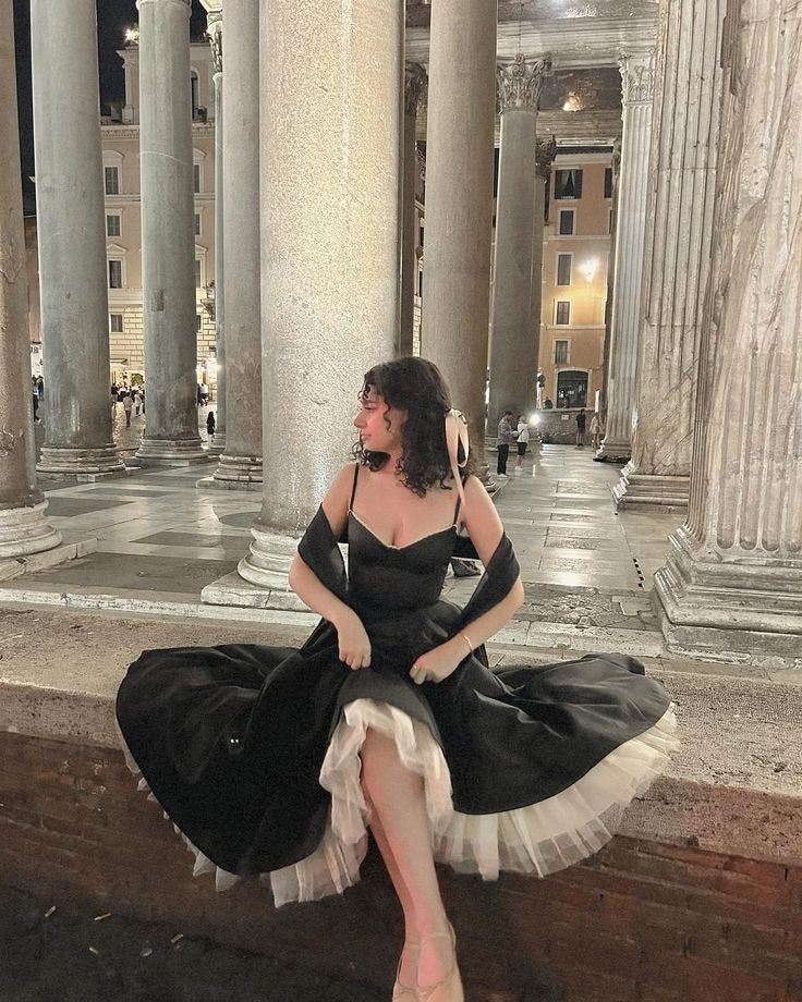 Black Satin Contrast Trim Midi Dress with Tulle Petticoat