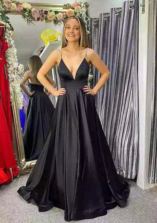 Black Satin Crystal-Strap Deep V A-Line Gown – Sleek & Luxe Evening Party Dress
