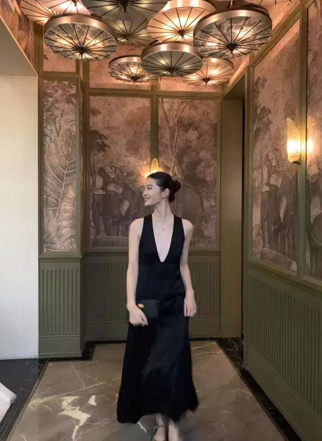 Black Satin Deep V-Neck Halter Midi Dress