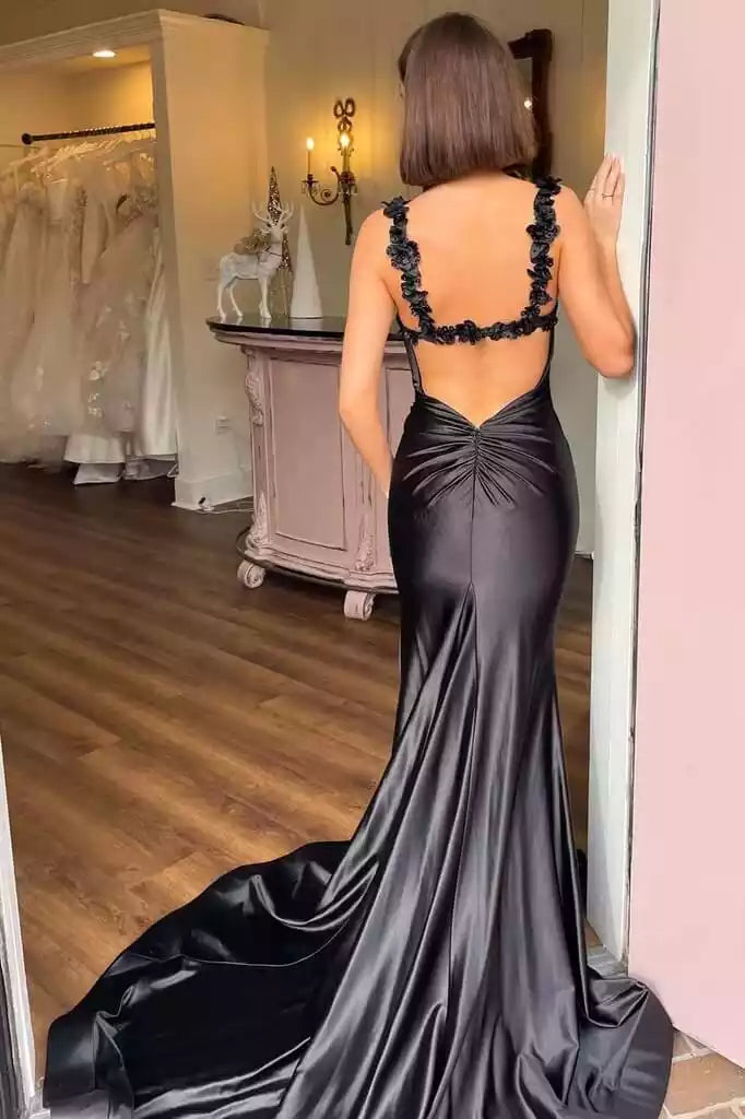 Black Satin Floral-Strap Open-Back Mermaid Train Gown – Luxe & Alluring Evening Party Dress
