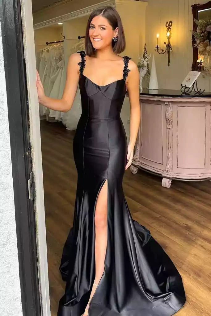 Black Satin Floral-Strap Open-Back Mermaid Train Gown – Luxe & Alluring Evening Party Dress