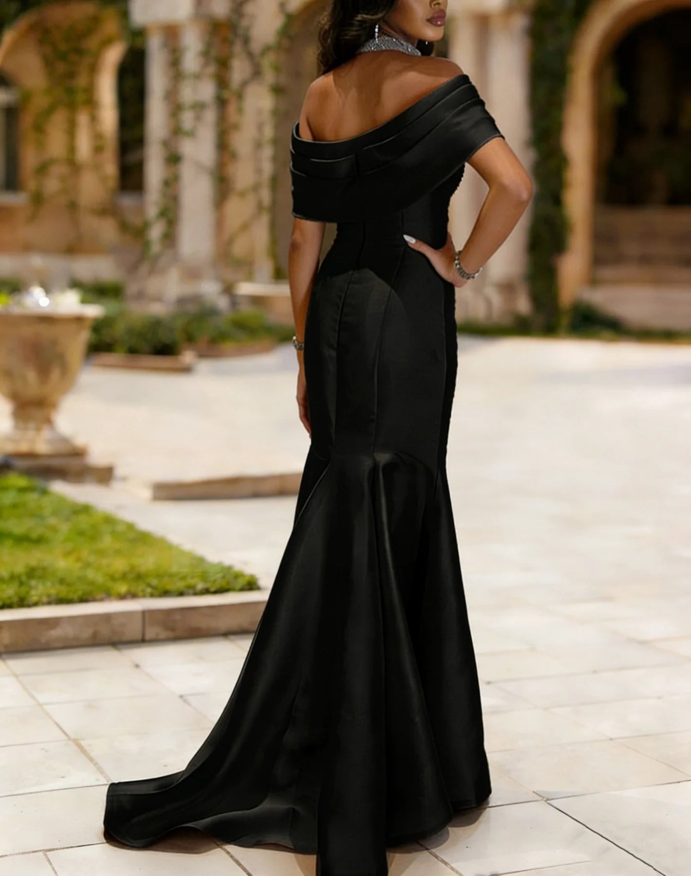 Black Satin Mermaid Evening Dress with Cut-Out Halter Neckline, Crystal Embellishments & Chapel Train