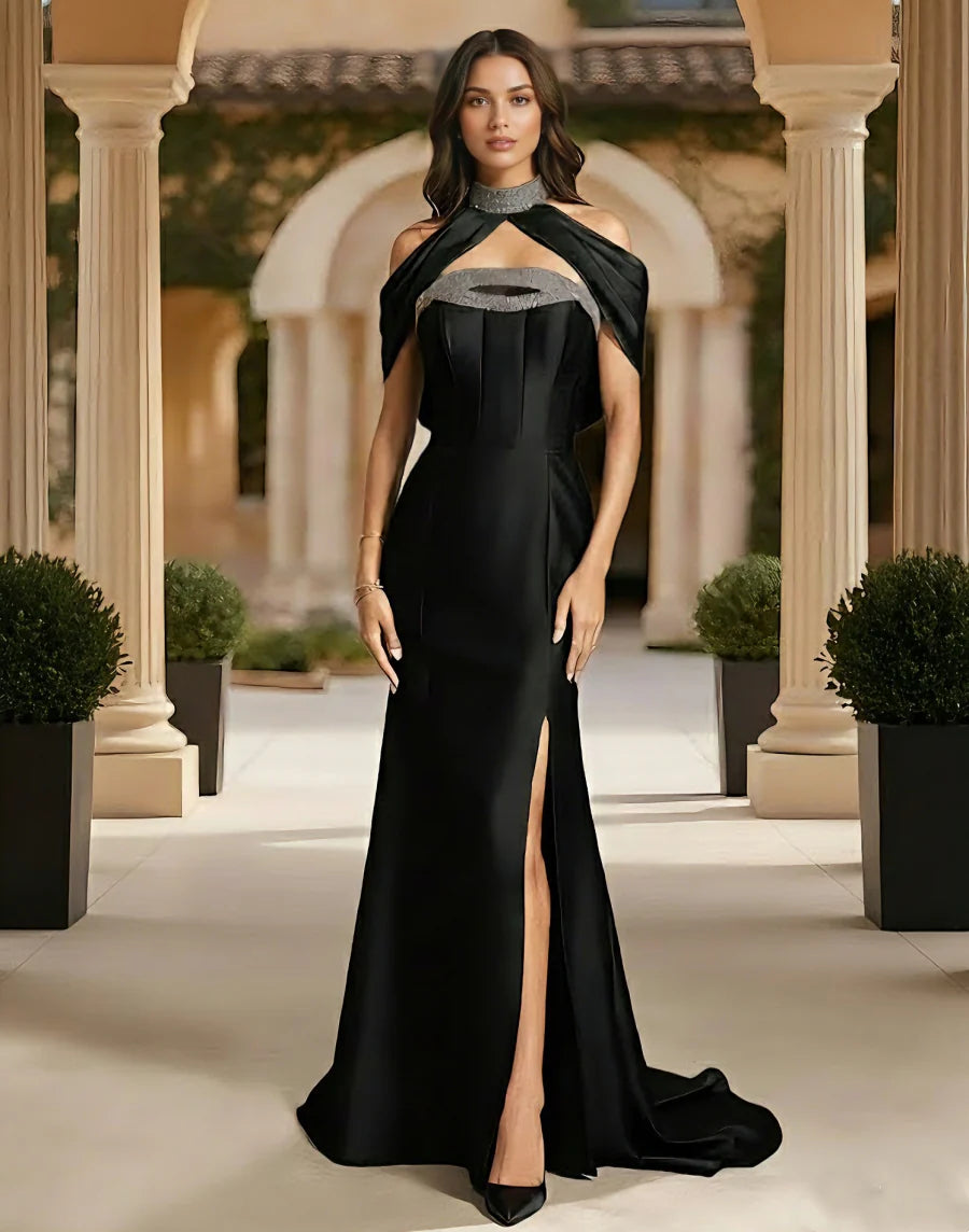Black Satin Mermaid Evening Dress with Cut-Out Halter Neckline, Crystal Embellishments & Chapel Train