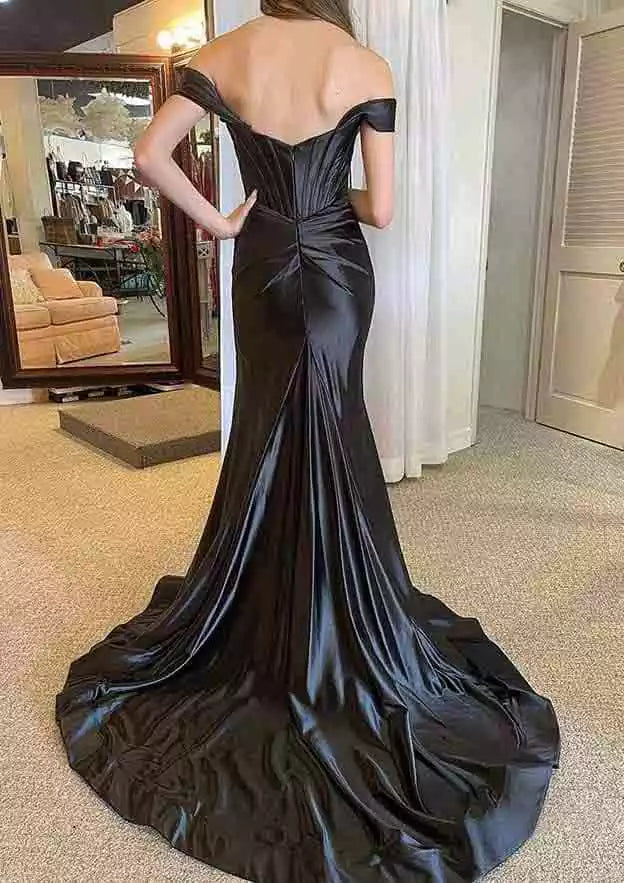 Black Satin Off-Shoulder Mermaid Gown – Timeless & Alluring Evening Party Dress