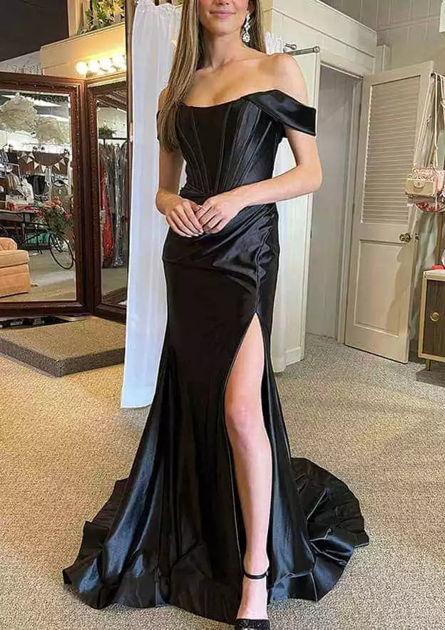 Black Satin Off-Shoulder Mermaid Gown – Timeless & Alluring Evening Party Dress