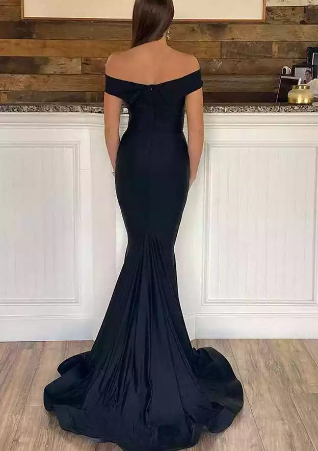 Black Satin Off-Shoulder Mermaid Gown – Timeless & Sophisticated Evening Party Dress