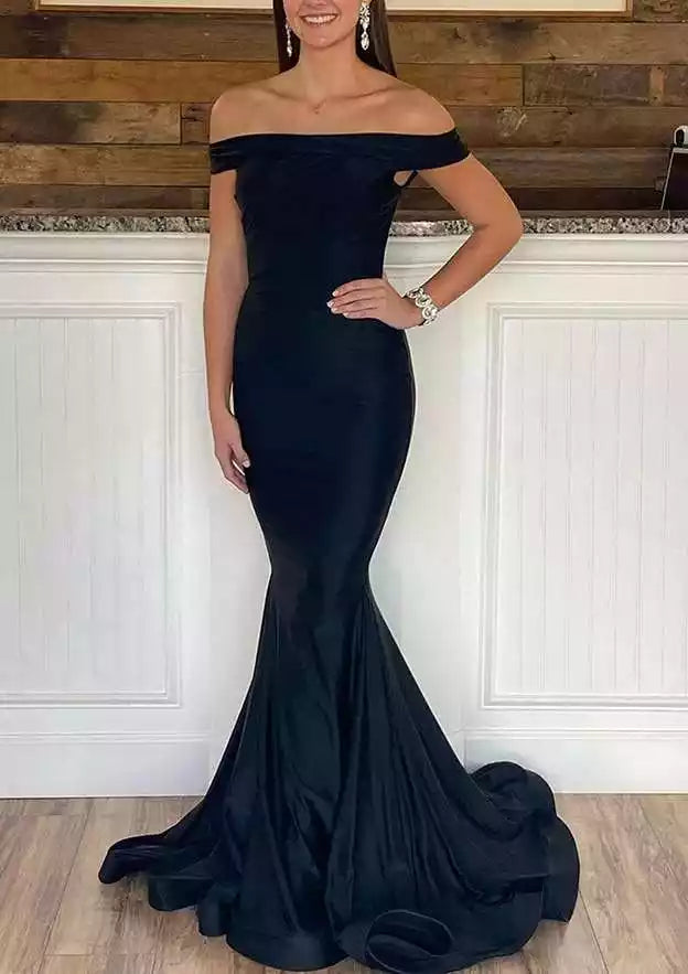 Black Satin Off-Shoulder Mermaid Gown – Timeless & Sophisticated Evening Party Dress