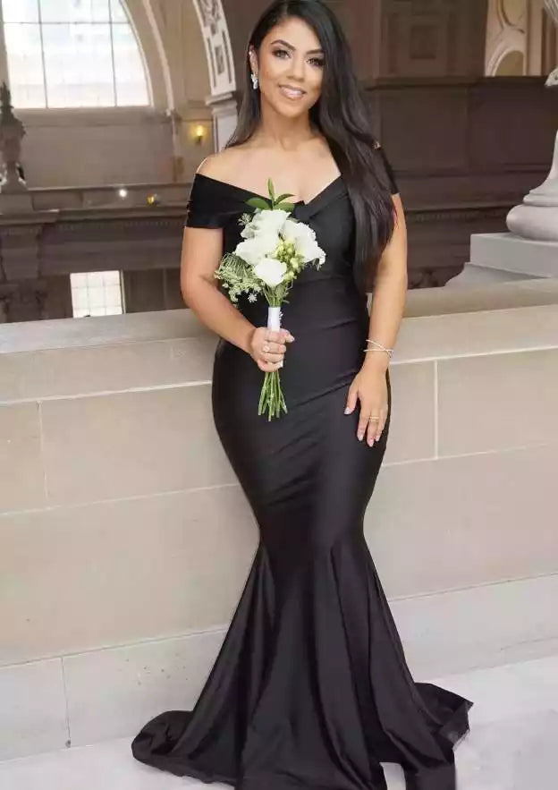 Black Satin Off-Shoulder Mermaid Gown – Timeless & Sophisticated Evening Party Dress