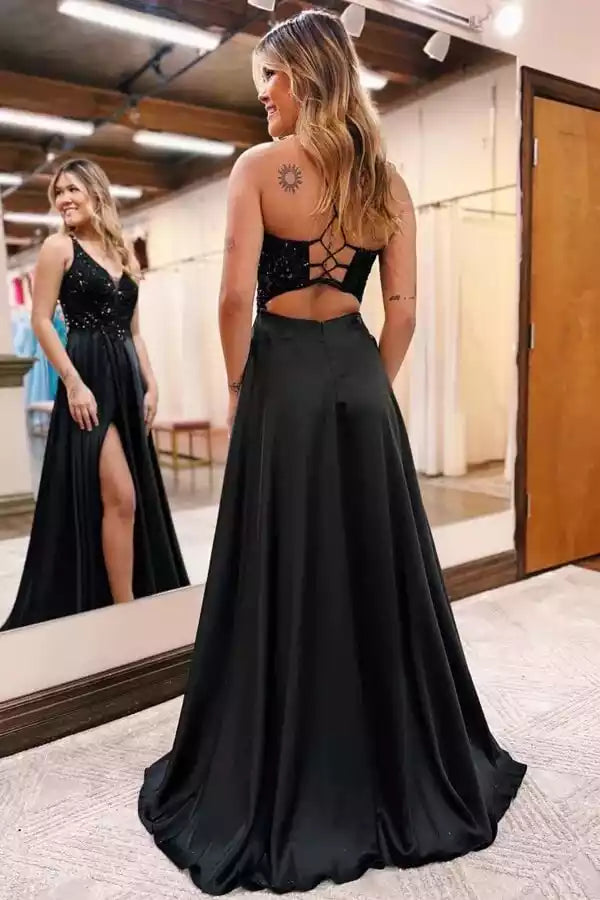 Black Satin Sequin Bodice Crisscross Back Slit Gown – Sleek & Glamorous Evening Party Dress