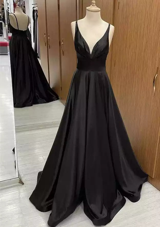 Black Satin Spaghetti Strap Deep V A-Line Gown – Timeless & Sophisticated Evening Party Dress
