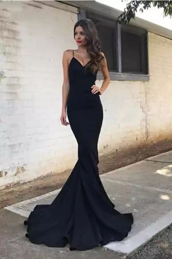 Black Satin Spaghetti Strap Deep V Mermaid Train Gown – Sleek & Sophisticated Evening Party Dress
