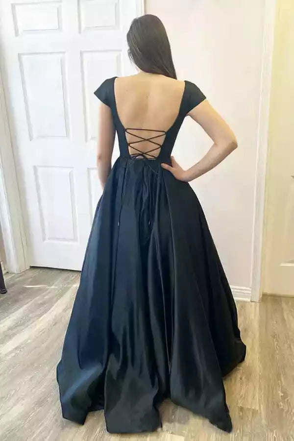 Black Satin Square Neck Crisscross Back Ball Gown – Timeless & Elegant Evening Party Dress