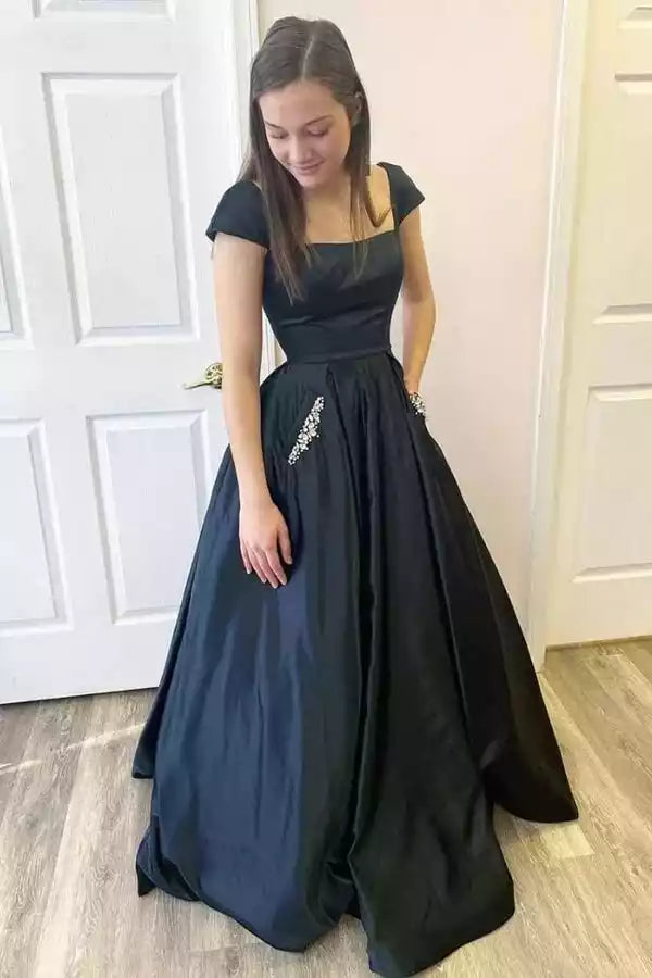 Black Satin Square Neck Crisscross Back Ball Gown – Timeless & Elegant Evening Party Dress