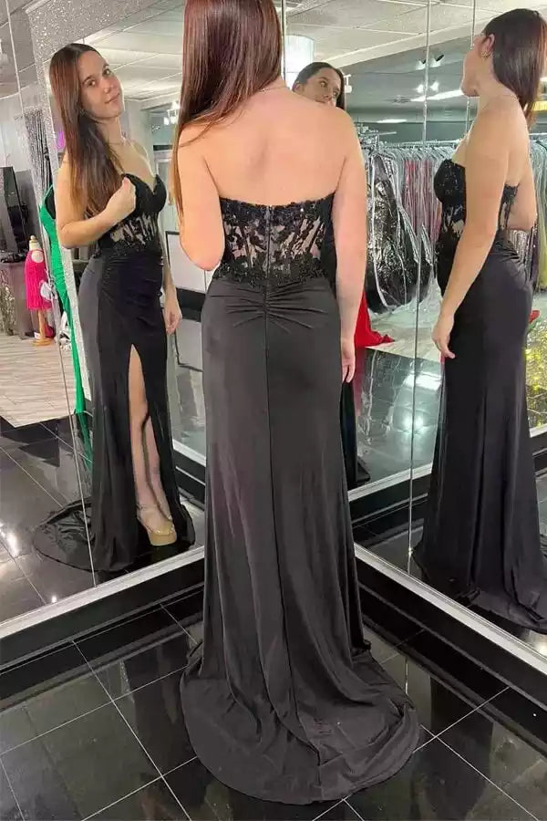Black Satin Strapless Lace Bodice Mermaid Gown – Sleek & Alluring Evening Party Dress